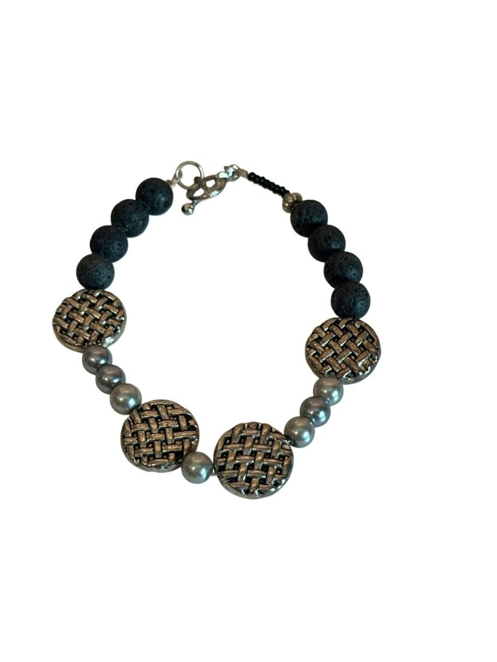 Lava Bead & Metal Woven Disc Bracelet Toggle Clasp 7.5 Inches Boho Jewelry